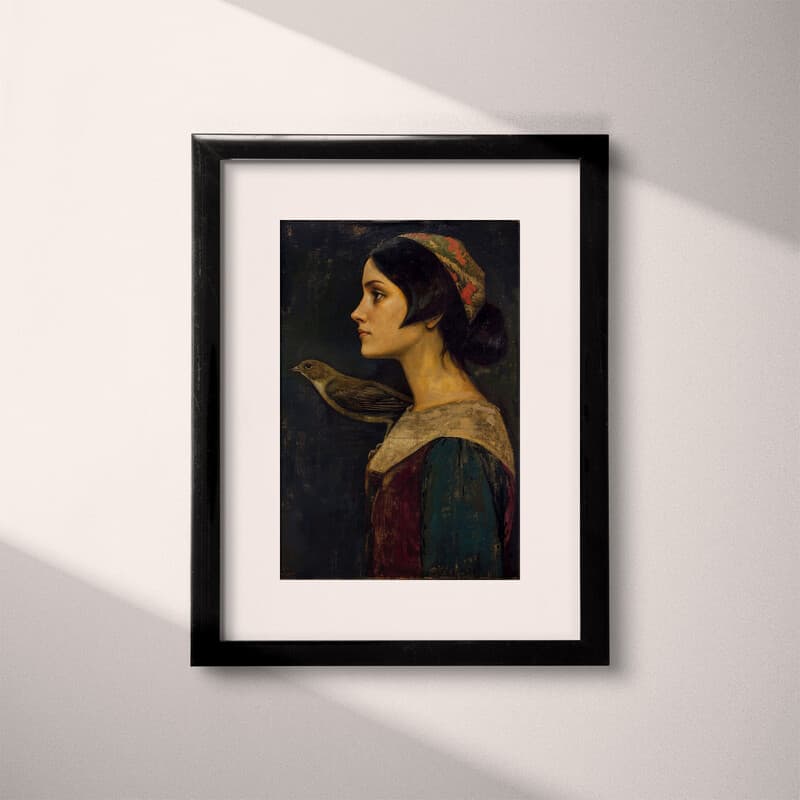 Matted frame view of A vintage oil painting, a woman with a bird on her shoulder, side view