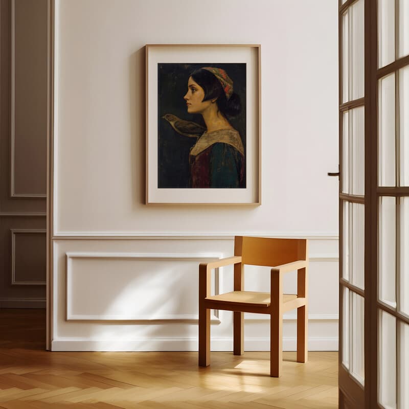 Room view with a matted frame of A vintage oil painting, a woman with a bird on her shoulder, side view