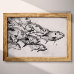 School Of Fish Art | Marine Wall Art | Animals Print | Gray and Black Decor | Vintage Wall Decor | Bathroom Digital Download | Back To School Art | Pencil Sketch