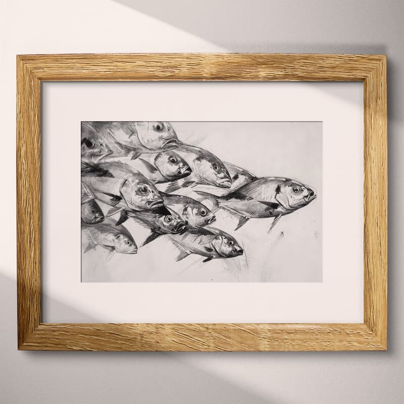 Matted frame view of A vintage pencil sketch, a school of fish