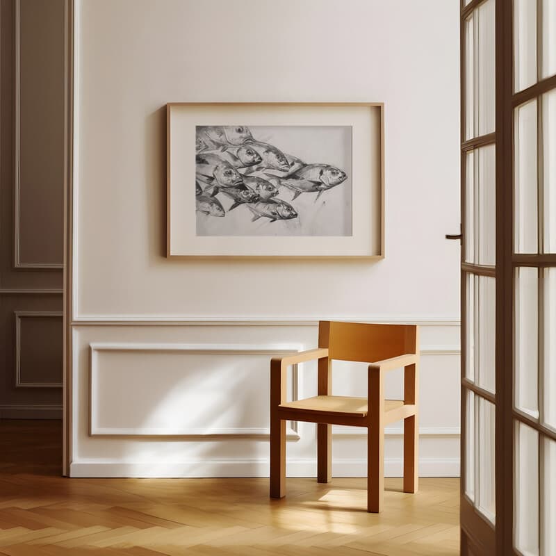 Room view with a matted frame of A vintage pencil sketch, a school of fish