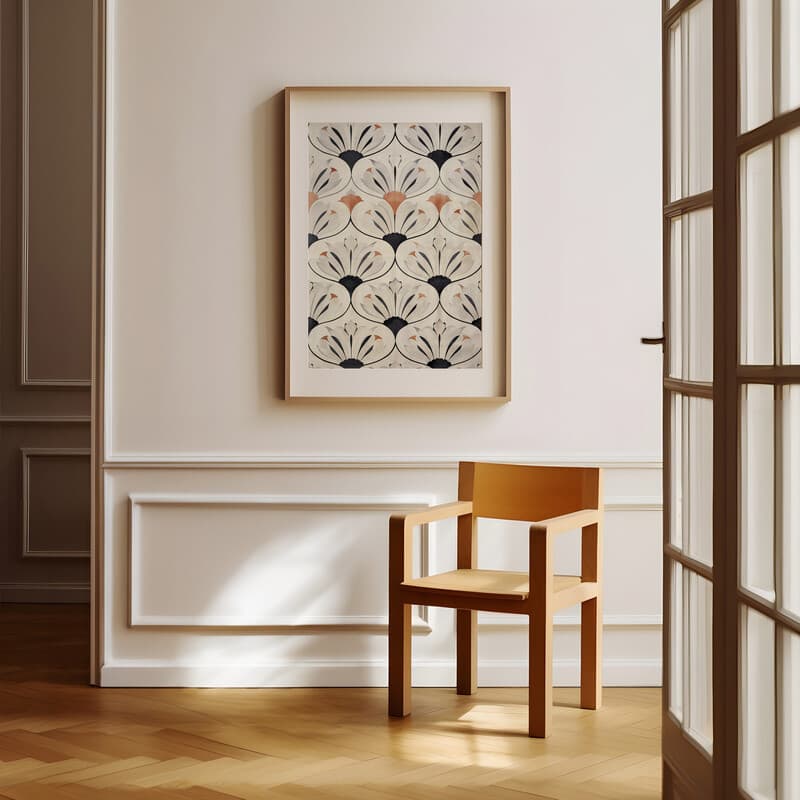 Room view with a matted frame of A minimalist textile print, symmetric simple pattern