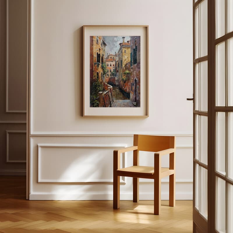 Room view with a matted frame of An impressionist oil painting, european city architecture