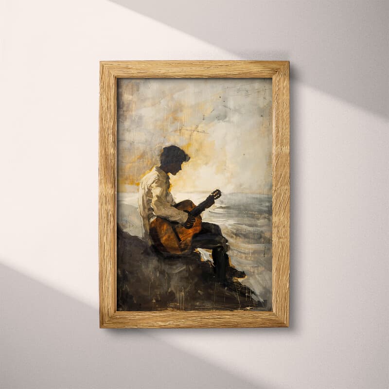 Full frame view of A vintage oil painting, a man playing the guitar, distant view