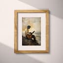 Matted frame view of A vintage oil painting, a man playing the guitar, distant view