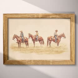 Cowboys Digital Download | Western Wall Decor | Western Decor | Brown Print | Vintage Wall Art | Living Room Art | Autumn Digital Download | Pastel Pencil Illustration