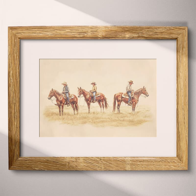 Matted frame view of A vintage pastel pencil illustration, cowboys on horses