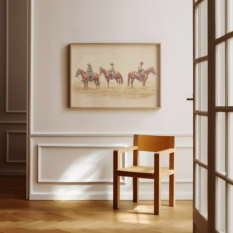 Room view with a full frame of A vintage pastel pencil illustration, cowboys on horses