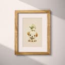 Matted frame view of A cute chibi anime pastel pencil illustration, a bird on top of a dog