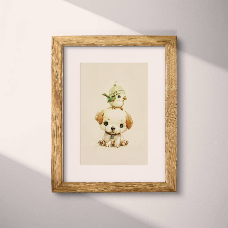 Matted frame view of A cute chibi anime pastel pencil illustration, a bird on top of a dog