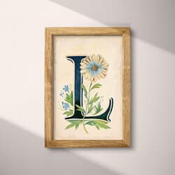 Letter L Digital Download | Typography Wall Decor | Flowers Decor | White, Black, Brown, Blue and Green Print | Vintage Wall Art | Entryway Art | Back To School Digital Download | Spring Wall Decor | Pastel Pencil Illustration