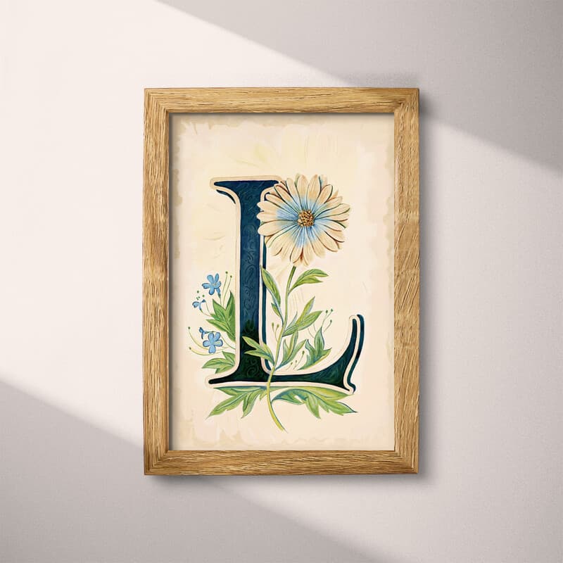 Full frame view of A vintage pastel pencil illustration, the letter "L" with a flower