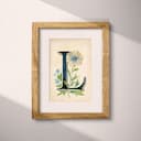 Matted frame view of A vintage pastel pencil illustration, the letter "L" with a flower