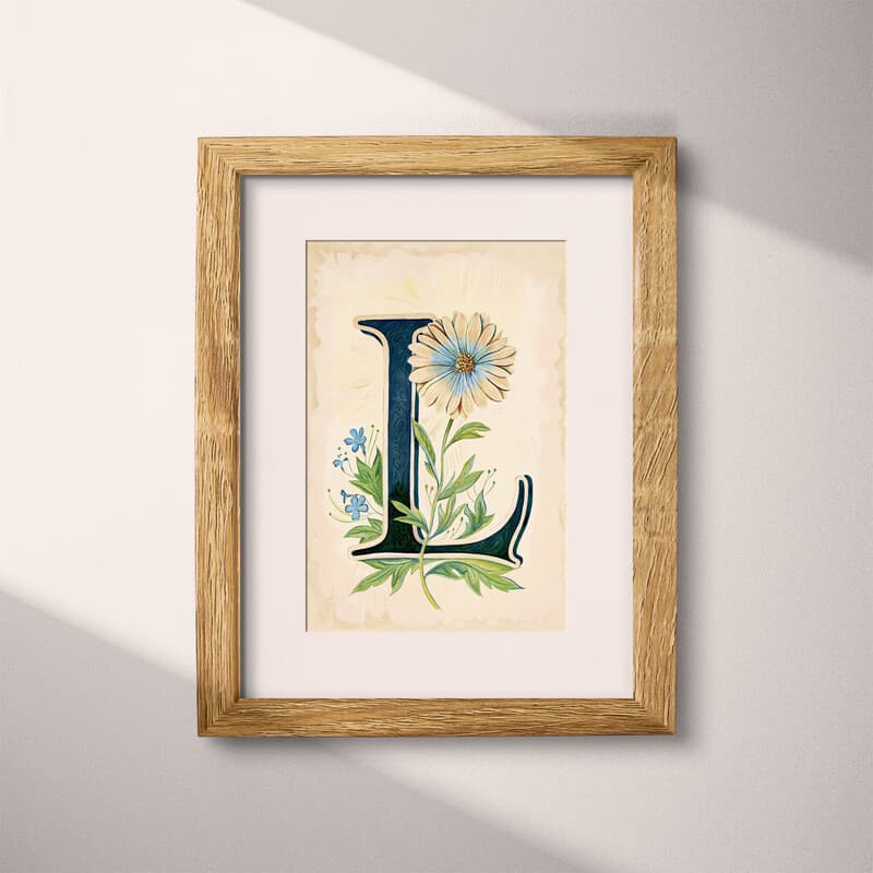 Matted frame view of A vintage pastel pencil illustration, the letter "L" with a flower