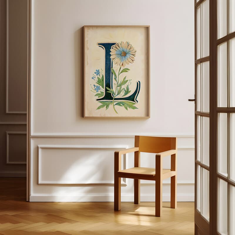 Room view with a full frame of A vintage pastel pencil illustration, the letter "L" with a flower