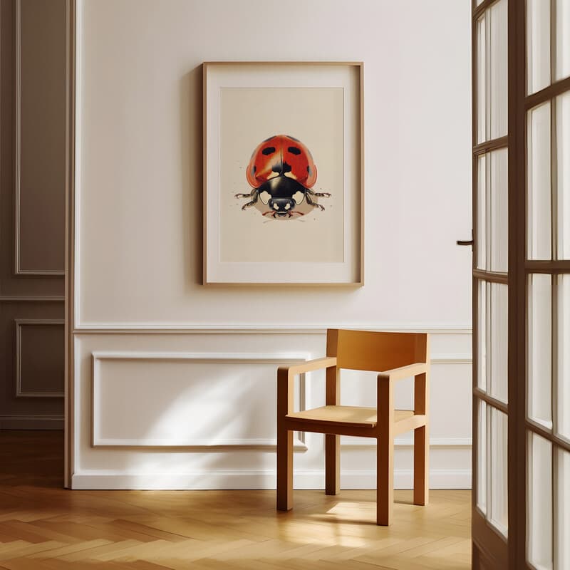 Room view with a matted frame of A cute chibi anime pastel pencil illustration, a ladybug