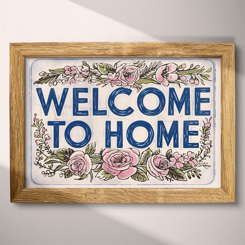 Full frame view of A vintage linocut print, the words "WELCOME TO HOME" with flowers