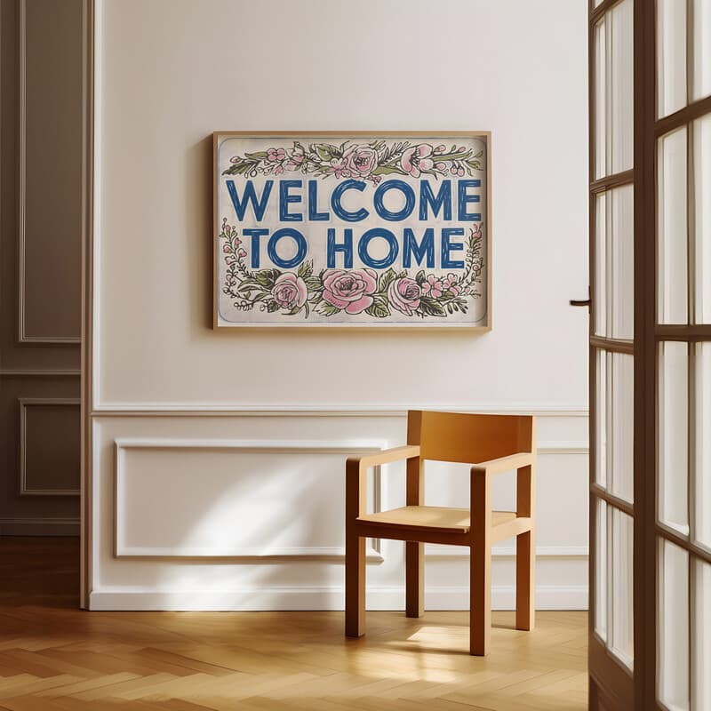 Room view with a full frame of A vintage linocut print, the words "WELCOME TO HOME" with flowers