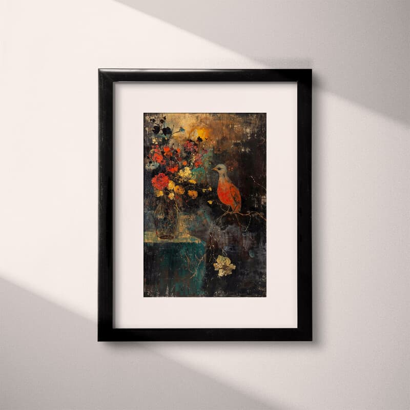 Matted frame view of An impressionist oil painting, still life with a bird