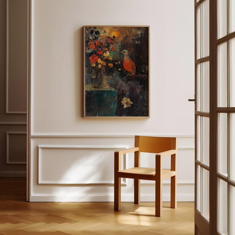 Room view with a full frame of An impressionist oil painting, still life with a bird