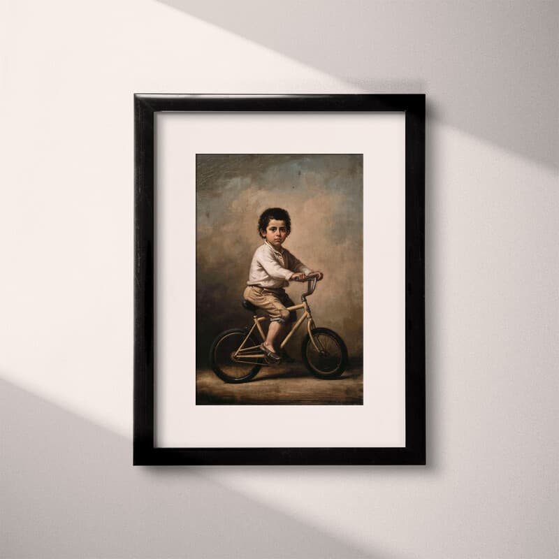 Matted frame view of A vintage oil painting, a boy on a bicycle