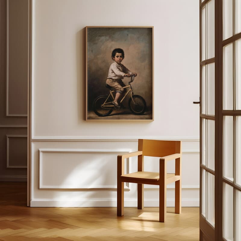 Room view with a full frame of A vintage oil painting, a boy on a bicycle