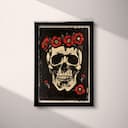 Full frame view of A gothic linocut print, a skull with a crown of flowers