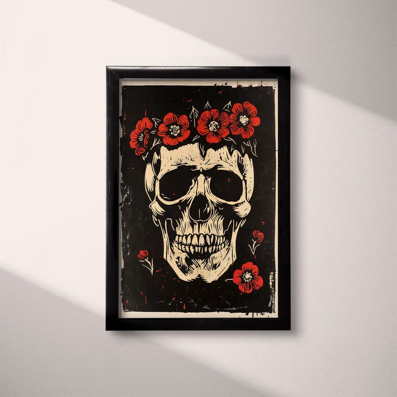 Full frame view of A gothic linocut print, a skull with a crown of flowers