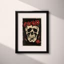 Matted frame view of A gothic linocut print, a skull with a crown of flowers