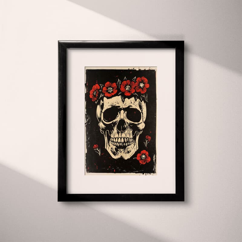 Matted frame view of A gothic linocut print, a skull with a crown of flowers