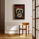 Room view with a full frame of A gothic linocut print, a skull with a crown of flowers