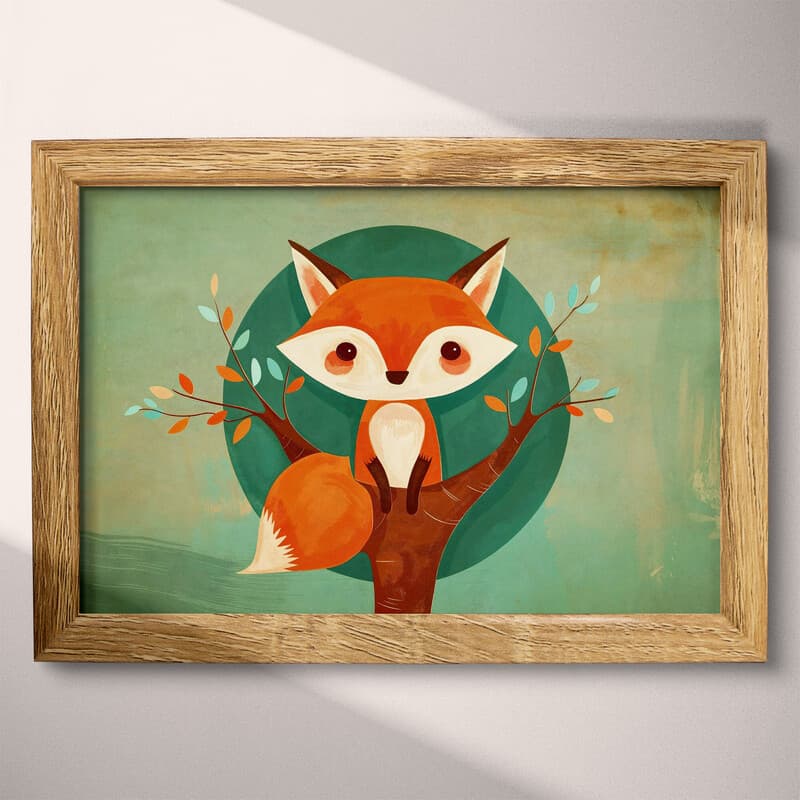 Full frame view of A cute simple illustration with simple shapes, a fox in a tree