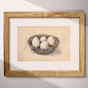 Matted frame view of A farmhouse graphite sketch, eggs in a wire basket