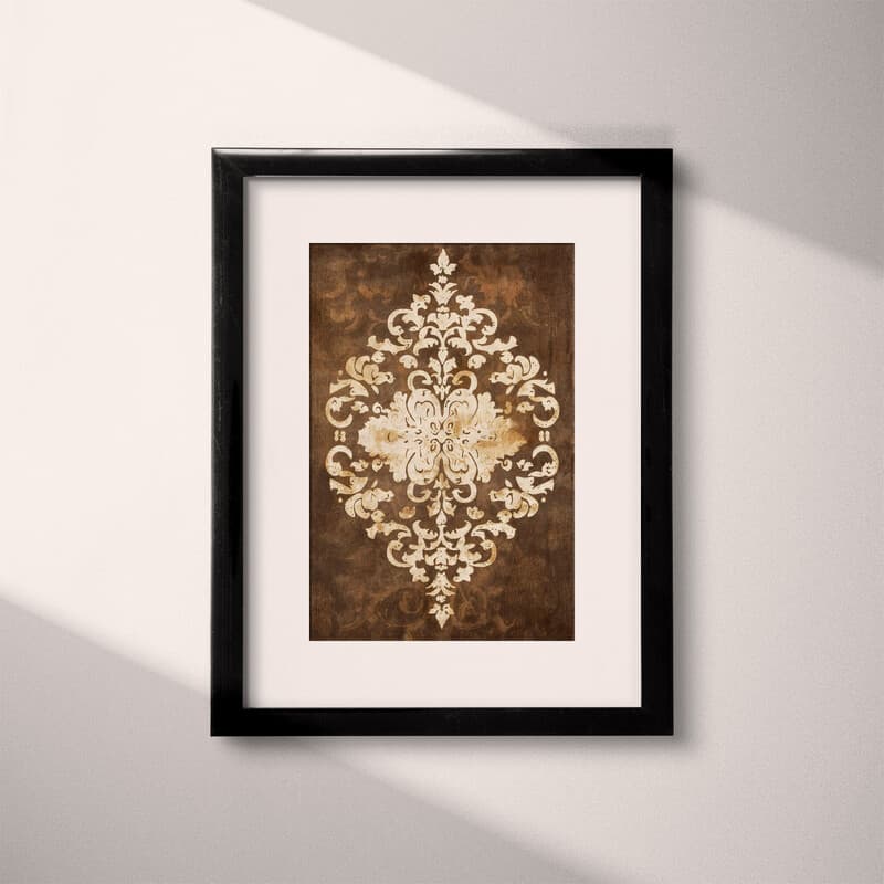 Matted frame view of A vintage textile print, symmetric batik pattern