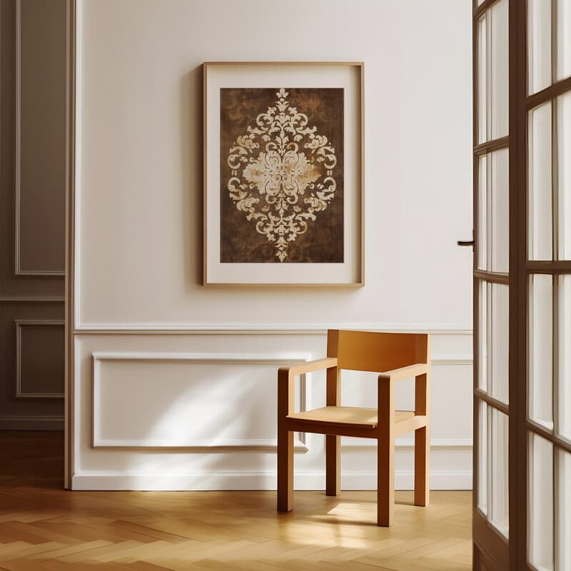 Room view with a matted frame of A vintage textile print, symmetric batik pattern