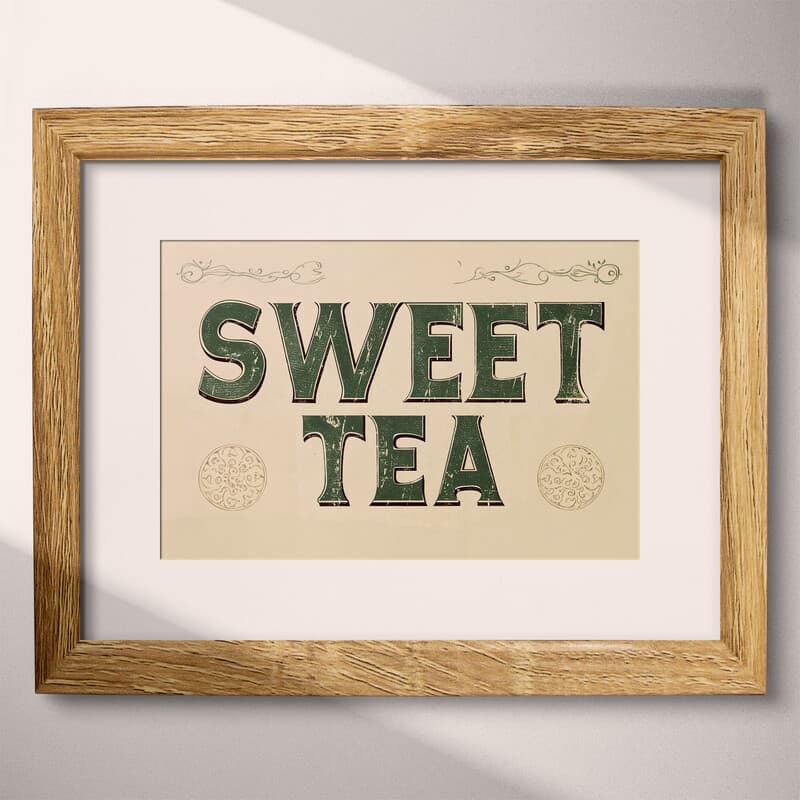 Matted frame view of A vintage letterpress print, the words "SWEET TEA"