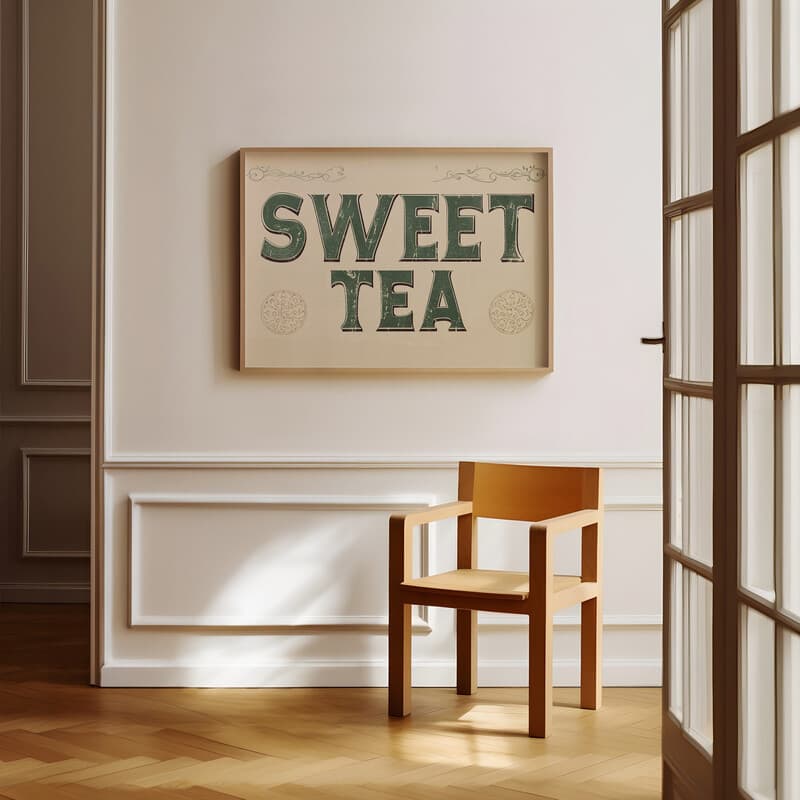 Room view with a full frame of A vintage letterpress print, the words "SWEET TEA"