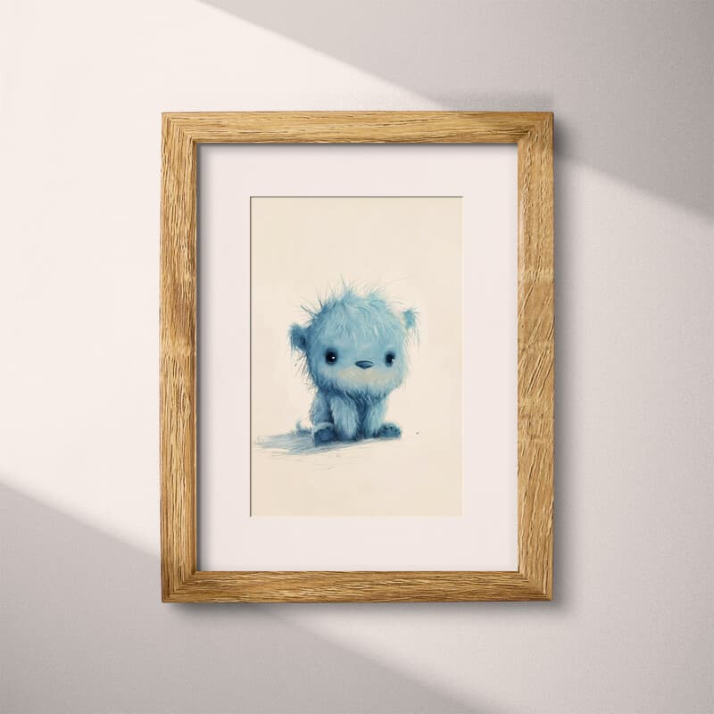 Matted frame view of A cute chibi anime pastel pencil illustration, a blue monster