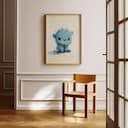 Room view with a full frame of A cute chibi anime pastel pencil illustration, a blue monster