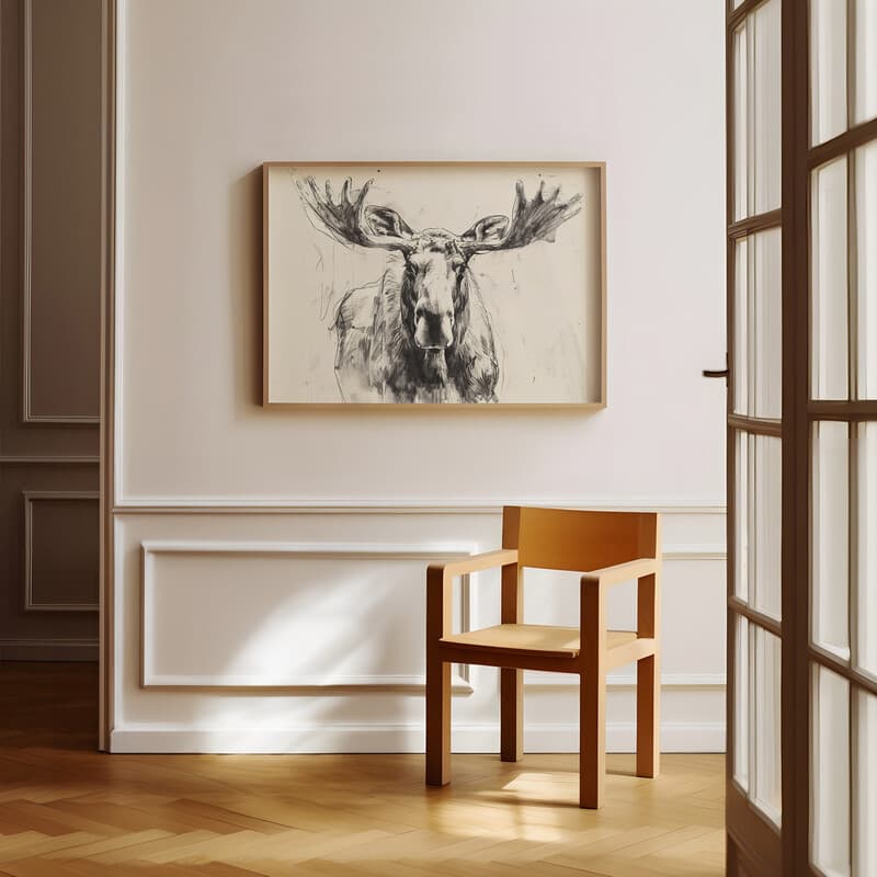 Room view with a full frame of A vintage graphite sketch, a moose, front view