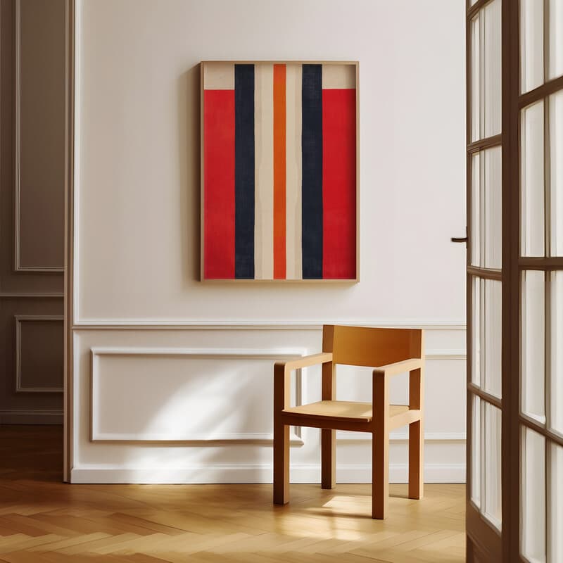 Room view with a full frame of A contemporary textile print, symmetric stripe pattern