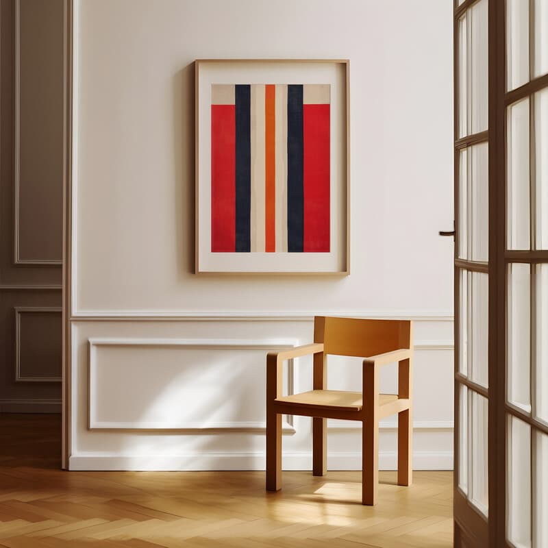 Room view with a matted frame of A contemporary textile print, symmetric stripe pattern