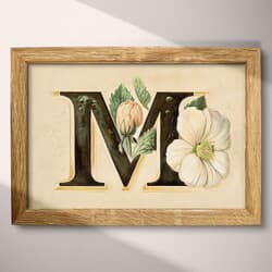 Letter M Digital Download | Typography Wall Decor | Flowers Decor | Beige, Black, Green and Brown Print | Vintage Wall Art | Entryway Art | Back To School Digital Download | Spring Wall Decor | Pastel Pencil Illustration