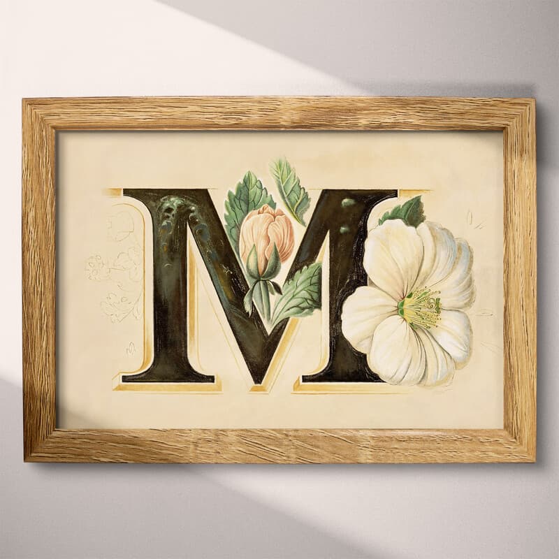 Full frame view of A vintage pastel pencil illustration, the letter "M" with a flower