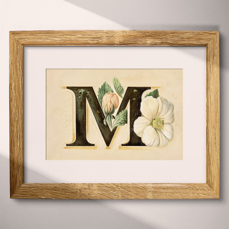 Matted frame view of A vintage pastel pencil illustration, the letter "M" with a flower