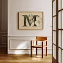 Room view with a full frame of A vintage pastel pencil illustration, the letter "M" with a flower