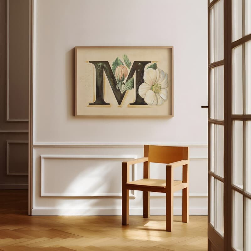 Room view with a full frame of A vintage pastel pencil illustration, the letter "M" with a flower