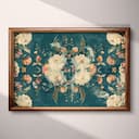 Full frame view of A maximalist textile print, symmetric floral pattern