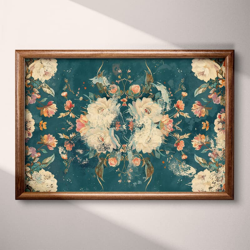 Full frame view of A maximalist textile print, symmetric floral pattern