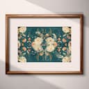 Matted frame view of A maximalist textile print, symmetric floral pattern